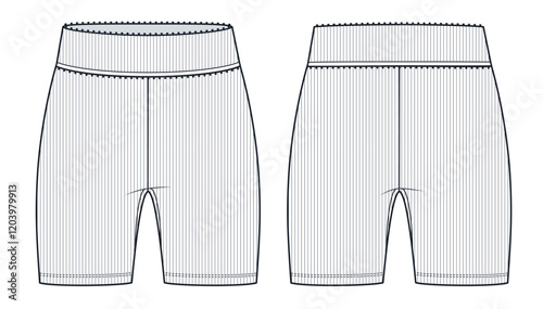 Short Leggings fashion flat technical drawing template. Cycling Shorts technical fashion illustration, ribbed, mid rise, front and back view, white, women, men, unisex Sport Shorts CAD mockup.