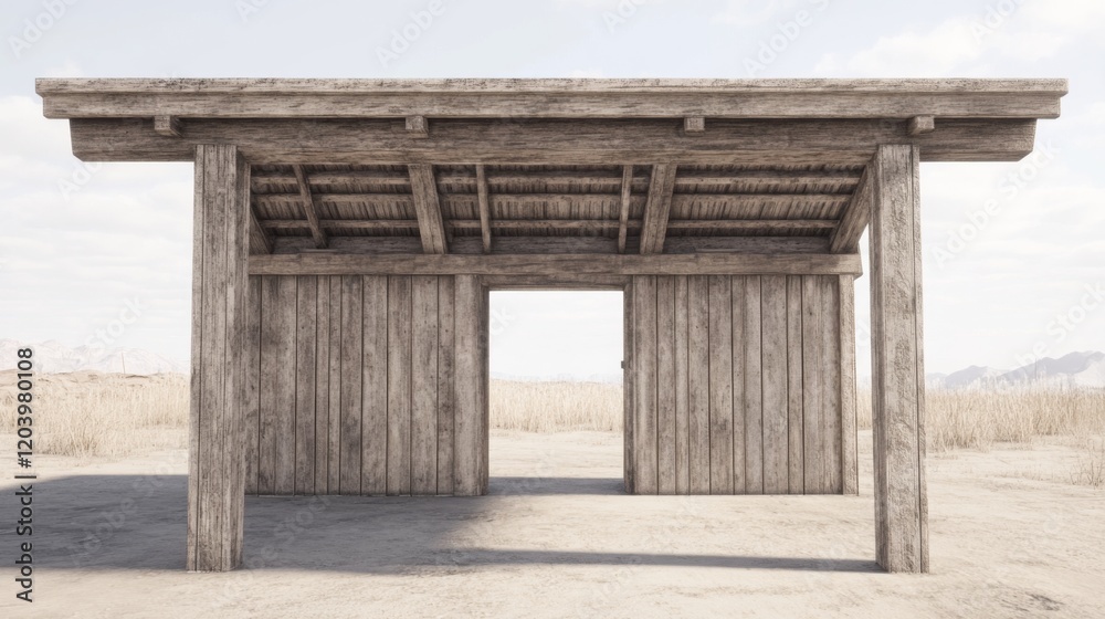 Rustic wooden shelter in desert landscape. Rustic wooden shelter in desert landscape.