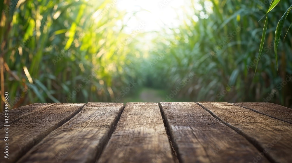 Fototapeta premium Empty wooden brown table top with blur background of sugarcane plantation. Generated AI