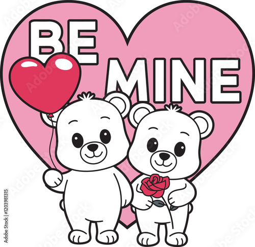 A Valentine's Day theme coloring vector of adults featuring two bears, Valentine’s graphic design for boyfriend or girlfriend, Be Mine Vector Card