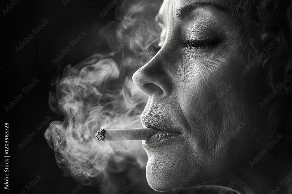 Fototapeta premium a woman captured in a moment of contemplation while smoking a cigarette tendrils of smoke curling around her reflecting a mood of relaxation and introspection