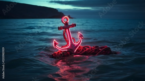 Neon Anchor Illuminated on the Water at Dusk Near a Rocky Coastline