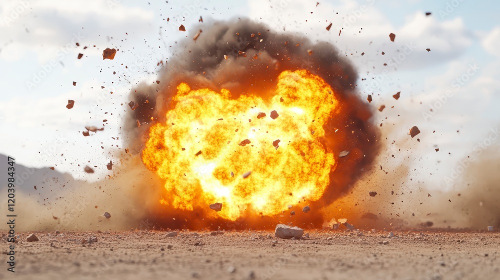Massive Explosion with Debris and Fireball Dramatic Destruction Scene Massive Explosion with Debris and Fireball Dramatic Destruction Scene