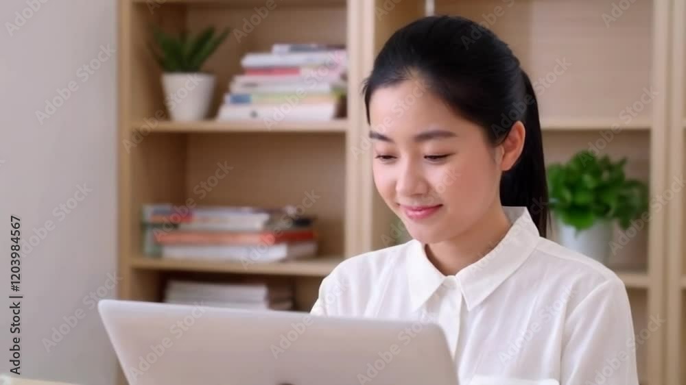 A woman is sitting at a desk with a laptop in front of her. She is smiling and she is enjoying her work