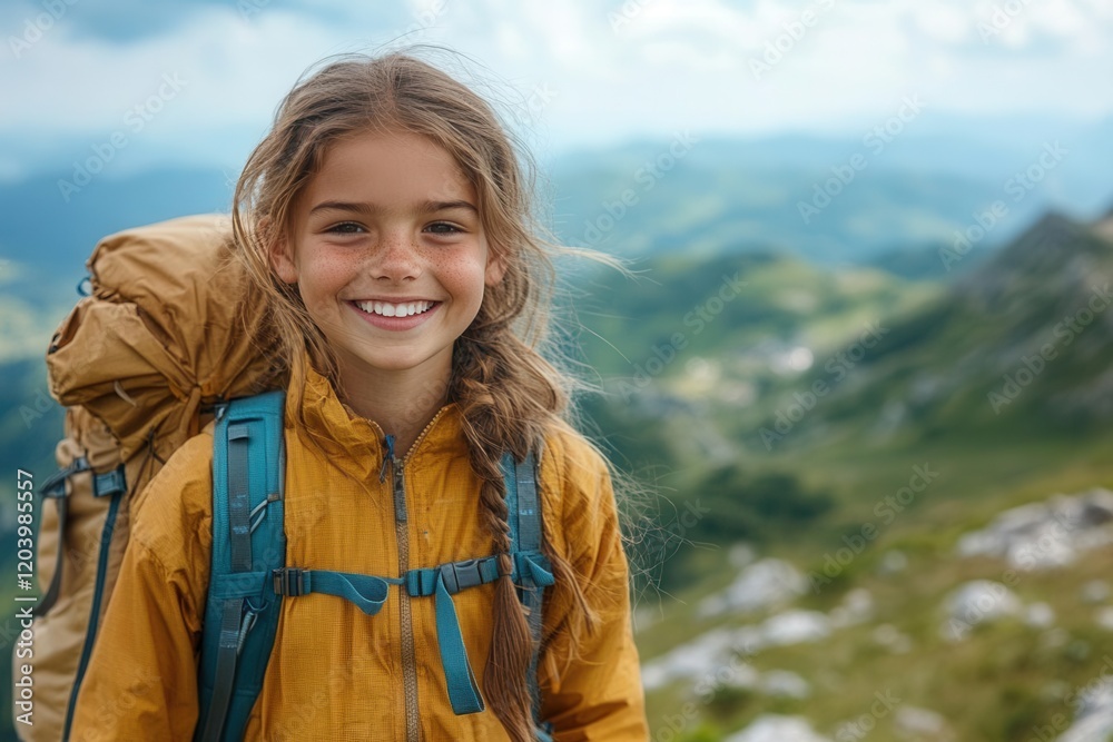 a young girl joyfully walks atop a mountain peak her backpack on and a bright smile directed toward the camera embodying the spirit of adventure and exploration a young girl joyfully walks atop a mountain peak her backpack on and a bright smile directed toward the camera embodying the spirit of adventure and exploration
