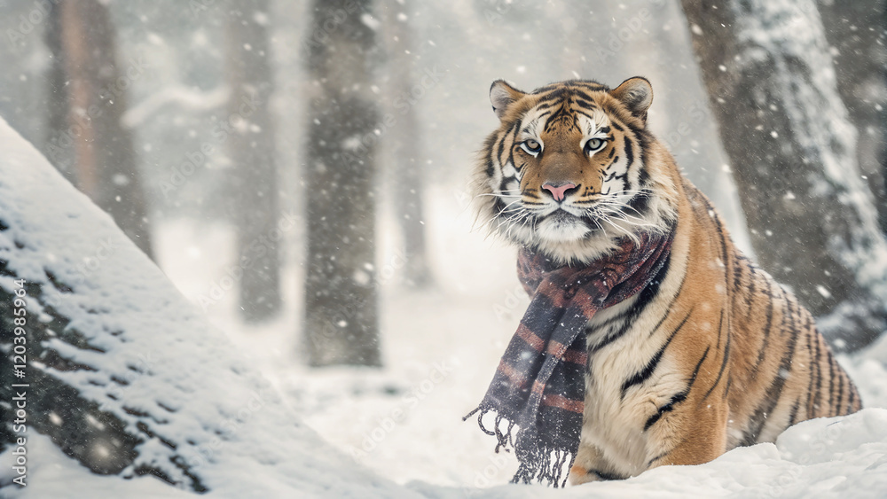 Obraz premium A majestic tiger, adorned with a warm scarf, stands amidst a snowy forest, snow falling softly around it.