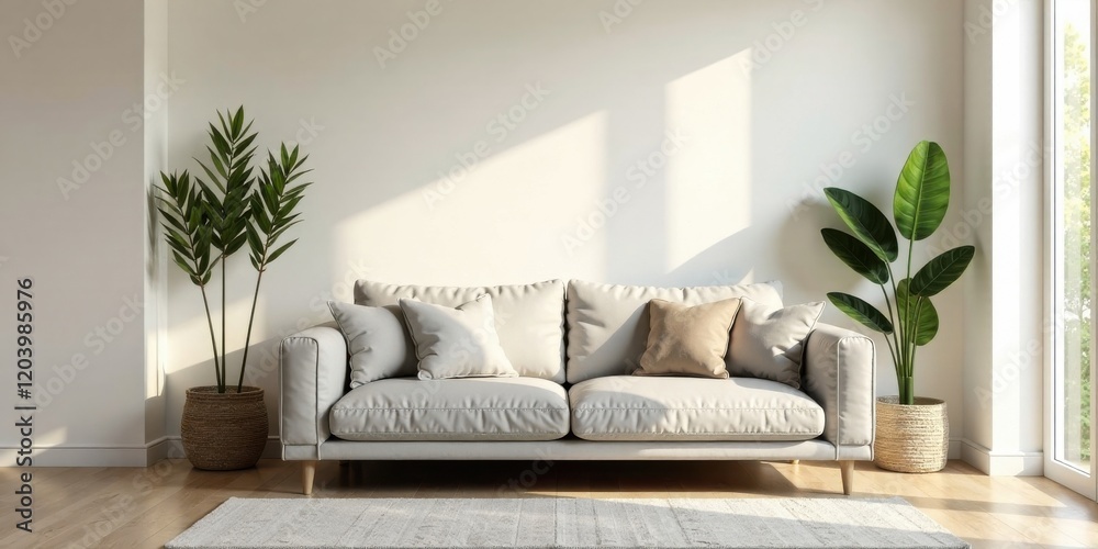 Sunlight Illuminates a Minimalist Living Room with a Light-Colored Sofa and Lush Potted Plants Sunlight Illuminates a Minimalist Living Room with a Light-Colored Sofa and Lush Potted Plants