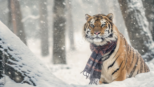 A majestic tiger, adorned with a warm scarf, stands amidst a snowy forest, snow falling softly around it.