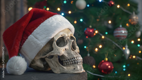 A skull adorned with a Santa hat, resting on a dark surface, against a backdrop of a blurred Christmas tree.