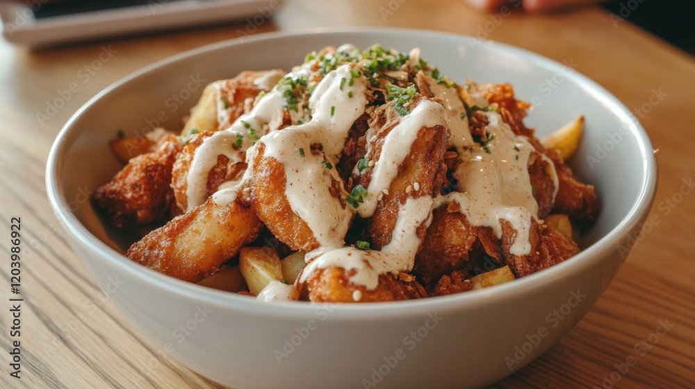 Crispy fried chicken and potato fries in creamy sauce. Crispy fried chicken and potato fries in creamy sauce.