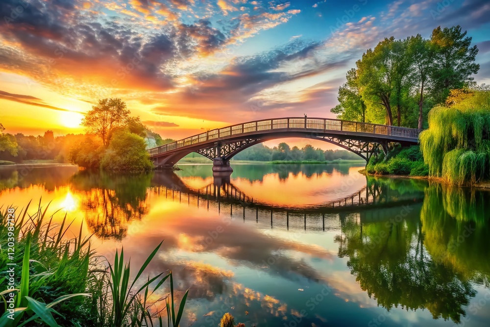 Fototapeta premium Serene Lake Bridge: Peaceful Sunrise Landscape Photography