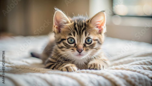 A tiny tabby kitten, eyes wide with curiosity, rests on a soft, textured blanket.Close-up view of a kitten's expressive face, showcasing its soft fur and large, curious eyes. photo