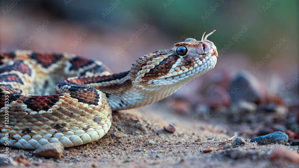 A venomous snake, its head and upper body in sharp focus, against a blurred background of desert terrain.Close-up of a snake's scales, revealing a complex pattern of browns, creams, and reds.
A venomous snake, its head and upper body in sharp focus, against a blurred background of desert terrain.Close-up of a snake's scales, revealing a complex pattern of browns, creams, and reds.