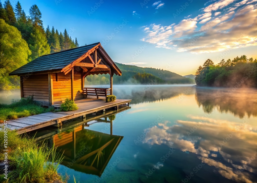 Fototapeta premium Serene Lakeside Wooden Shelter: Tranquil Escape on Calm Water