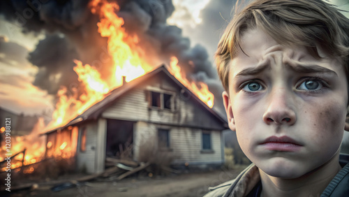 A young boy stares in disbelief at the burning house, his expression conveying a mixture of fear and confusion.