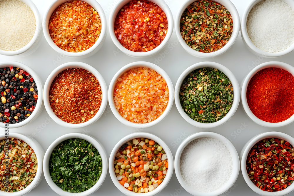 Colorful spice collection, white background, food photography, recipe inspiration Colorful spice collection, white background, food photography, recipe inspiration