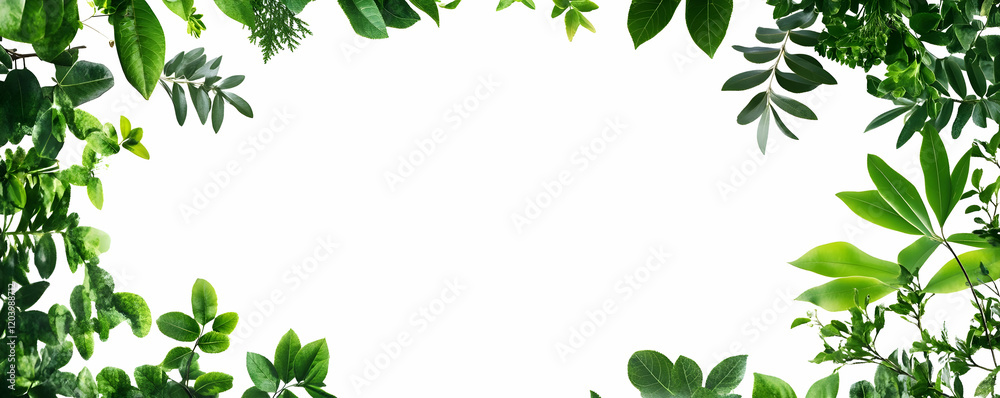Lush green foliage frame, white background, nature design Lush green foliage frame, white background, nature design