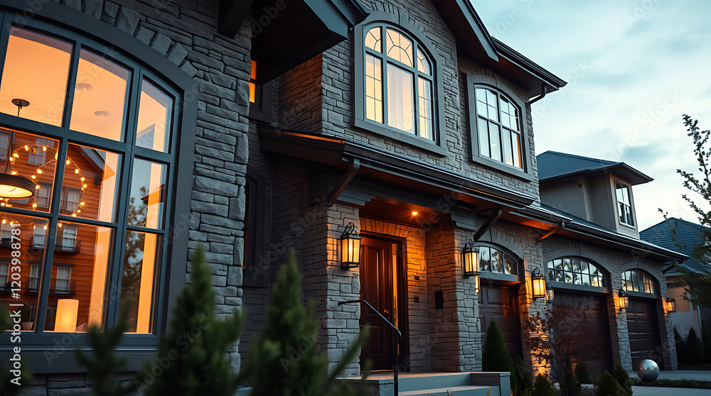 Fototapeta premium Luxury Home Exterior at Night: Modern Stone Facade, Elegant Design, and Warm Lighting. Real Estate Photography