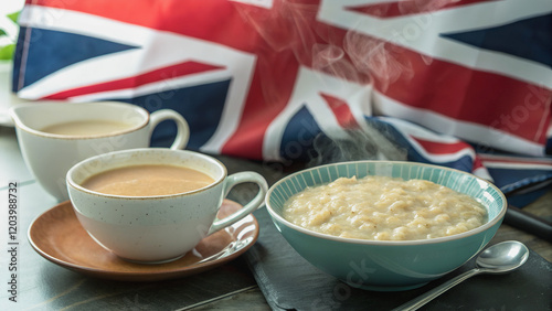 British breakfast staples- tea with milk and oatmeal, ready to be enjoyed.A British breakfast classic- oatmeal and tea, ready to warm the soul. photo