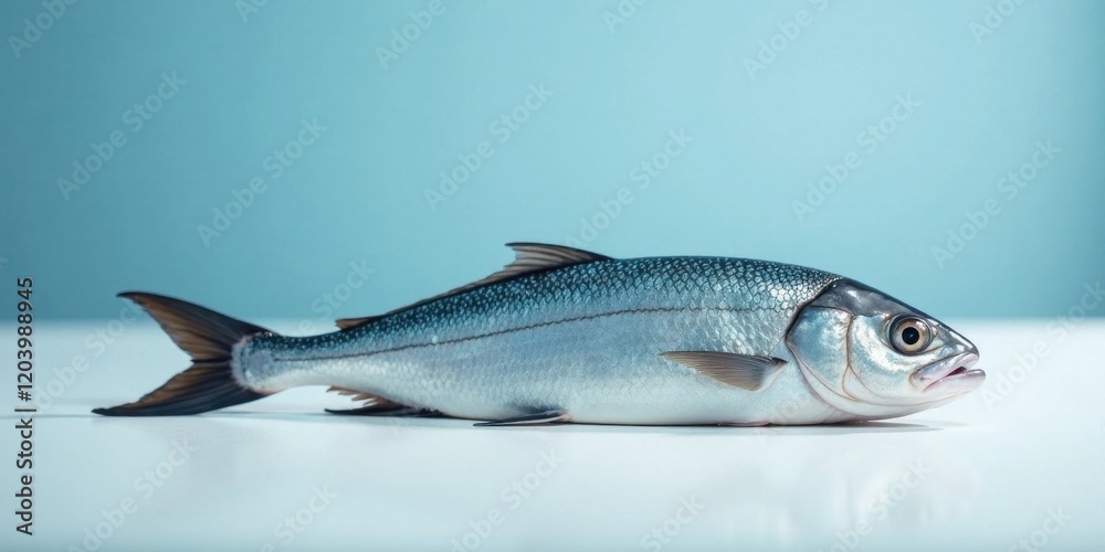 Single fresh silvery fish on a white surface against a pale blue background Single fresh silvery fish on a white surface against a pale blue background