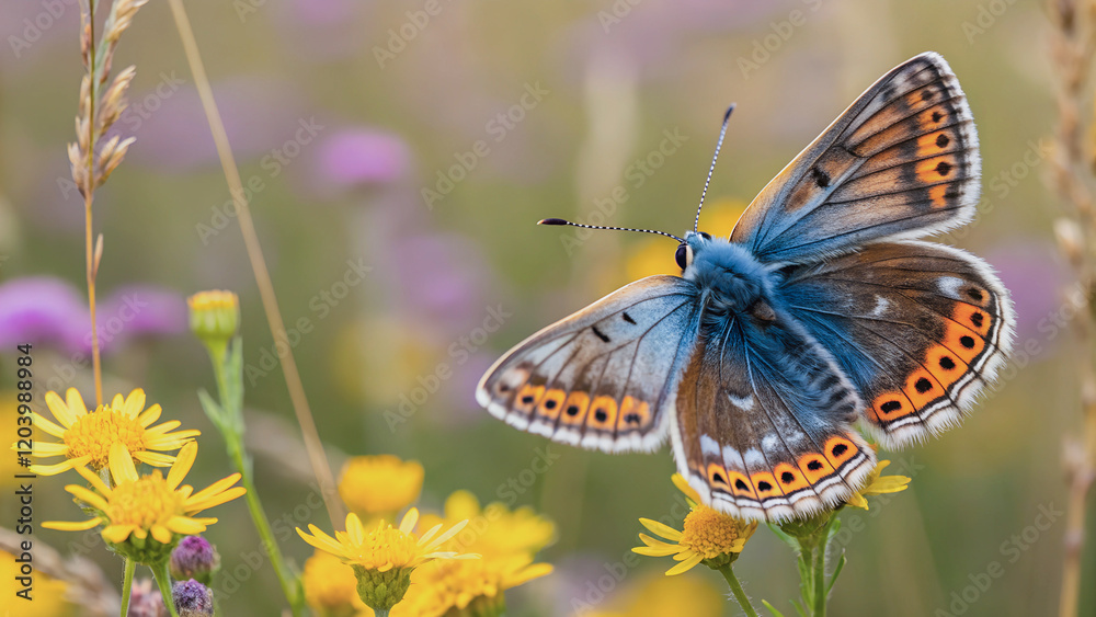 Obraz premium Close-up view of a butterfly with a mix of blue, brown, and orange hues, perched amidst a field of wildflowers.Butterfly wings, detailed and colorful, against a soft background of wildflowers.