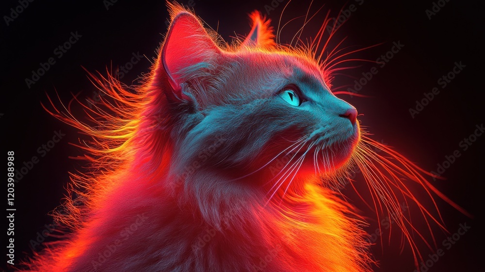 Fototapeta Fiery Cat Profile, Dark Background, Digital Art, Wallpaper