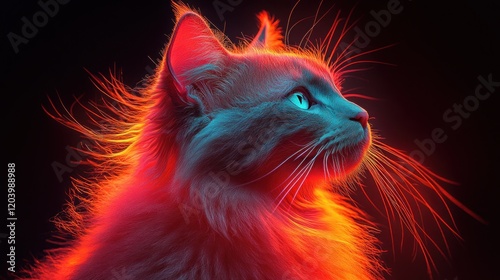 Fiery Cat Profile, Dark Background, Digital Art, Wallpaper