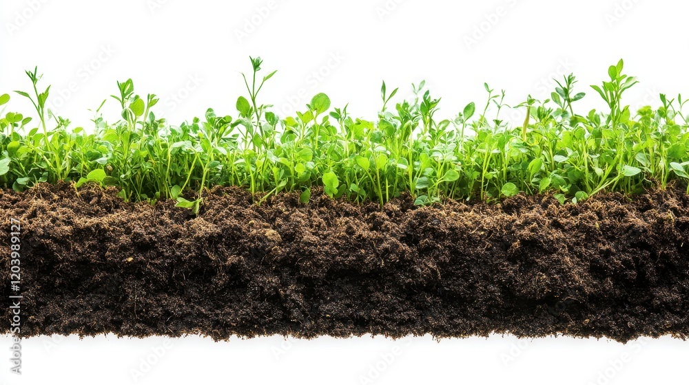 Lush Green Seedlings Emerging from Rich Soil Cross Section View Isolated on White Background Lush Green Seedlings Emerging from Rich Soil Cross Section View Isolated on White Background