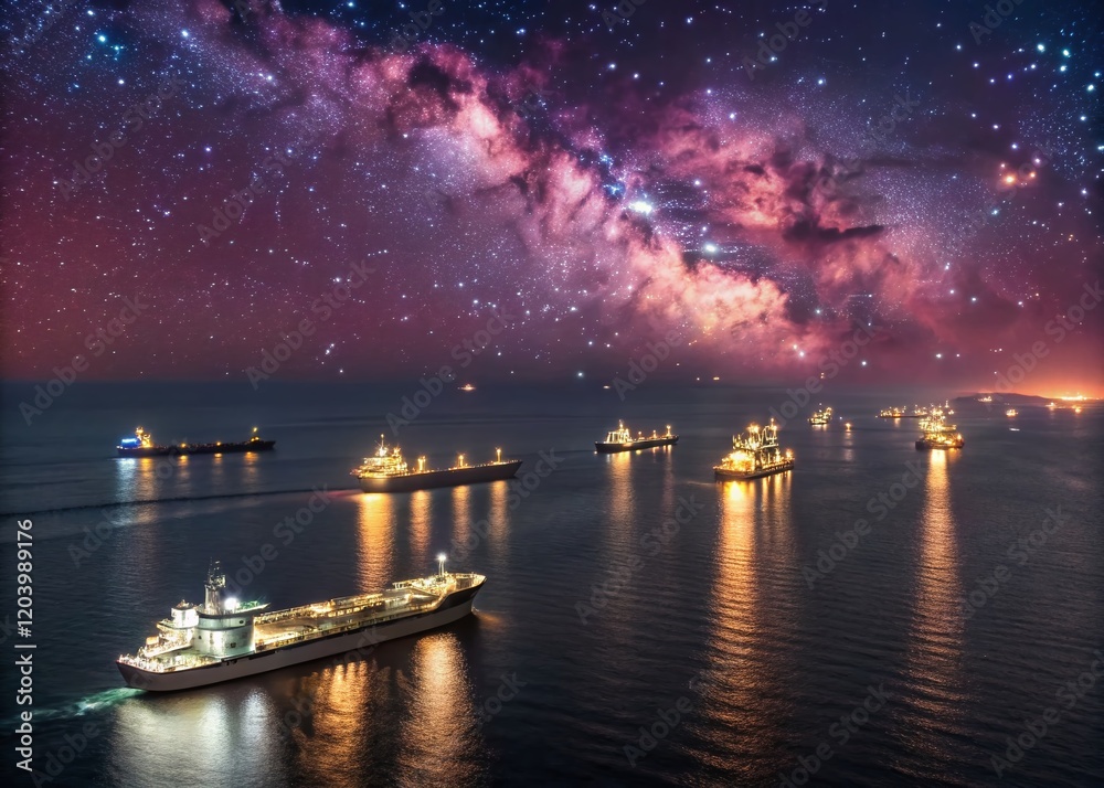 Serene Night Harbor: Illuminated Ships at Calm Sea Under Dramatic Sky Serene Night Harbor: Illuminated Ships at Calm Sea Under Dramatic Sky