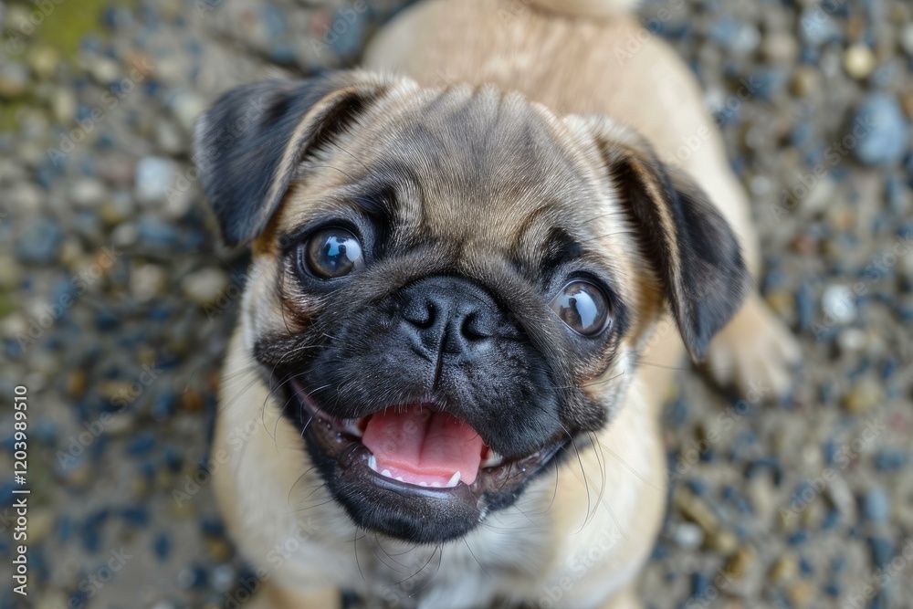 Obraz premium Small pug puppy looking up with open mouth showing its pink tongue, standing on gravel