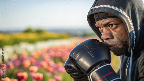 Man in boxing gloves, preparing for training outdoors.Close-up of a man wearing boxing gloves,  concentrated expression.Man in boxing gloves,  with a determined look,  in a flower field.
 photo