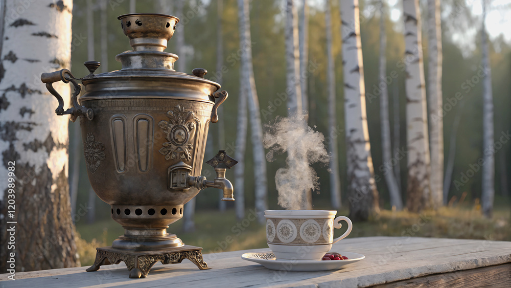 Naklejka premium Rustic elegance- A vintage samovar, a delicate teacup, and the backdrop of a serene forest.Forest tea- A samovar, a cup of tea, and the tranquil atmosphere of a birch forest.