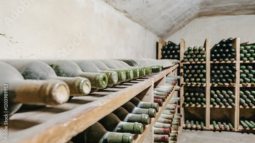 Rows of dusty wine bottles, patiently waiting for their moment to shine.A testament to time, the aged wooden shelves hold countless stories within their bottles. photo