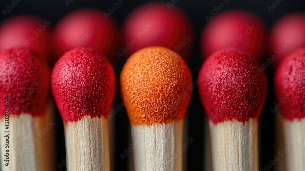 Close-up of vibrant matchsticks with a unique orange match at the center, showcasing color contrast Close-up of vibrant matchsticks with a unique orange match at the center, showcasing color contrast