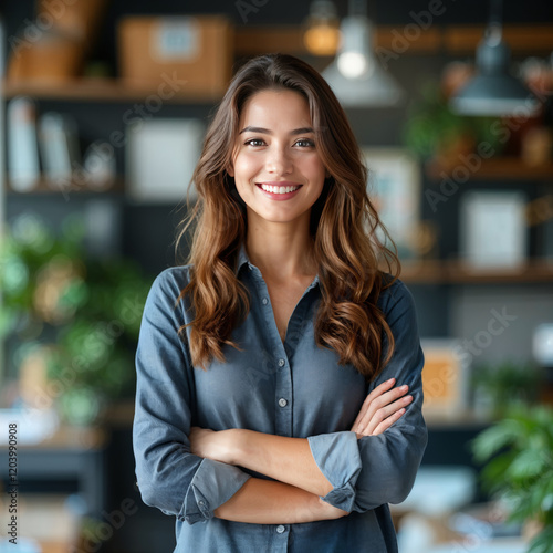 Free Download Portrait of young smiling woman looking at camera with crossed arms. Happy girl standing in creative office. Successful businesswoman standing in office with copy space. - GFXLoad