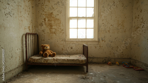 Wallpaper Mural Dusty Abandoned Child’s Bedroom in a Deserted House with Toys and a Bear on a Bed Torontodigital.ca
