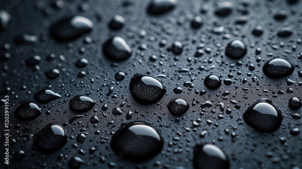 Close-up of water droplets on a dark surface, showcasing texture and reflections, ideal for backgrounds Close-up of water droplets on a dark surface, showcasing texture and reflections, ideal for backgrounds