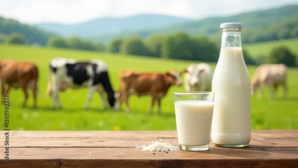 Fresh milk bottle and glass on wooden table with cows grazing in green pasture Fresh milk bottle and glass on wooden table with cows grazing in green pasture