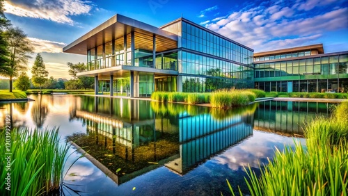 Serene Water Grass Architecture: Modern Building Reflecting in Calm Pond with Lush Vegetation photo