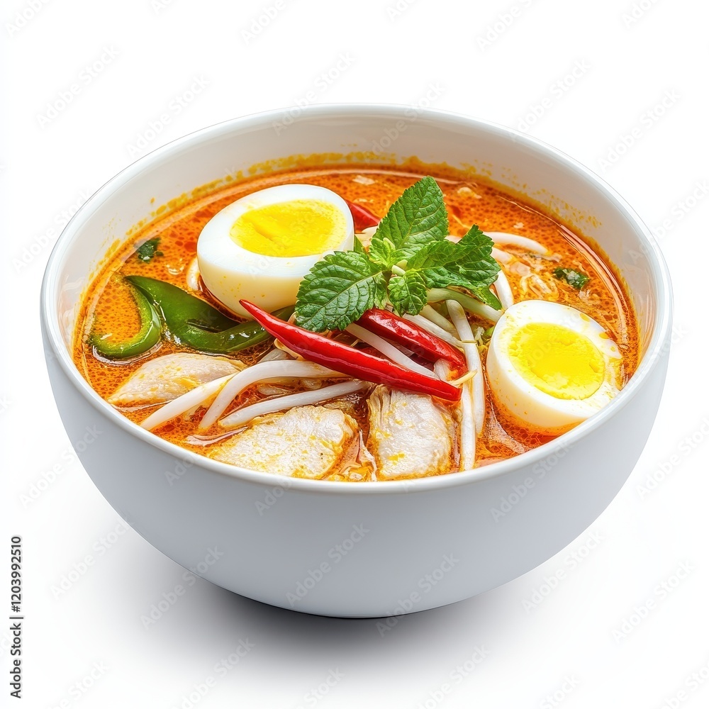A bowl of laksa with coconut curry, chicken, and boiled egg, isolated on white A bowl of laksa with coconut curry, chicken, and boiled egg, isolated on white