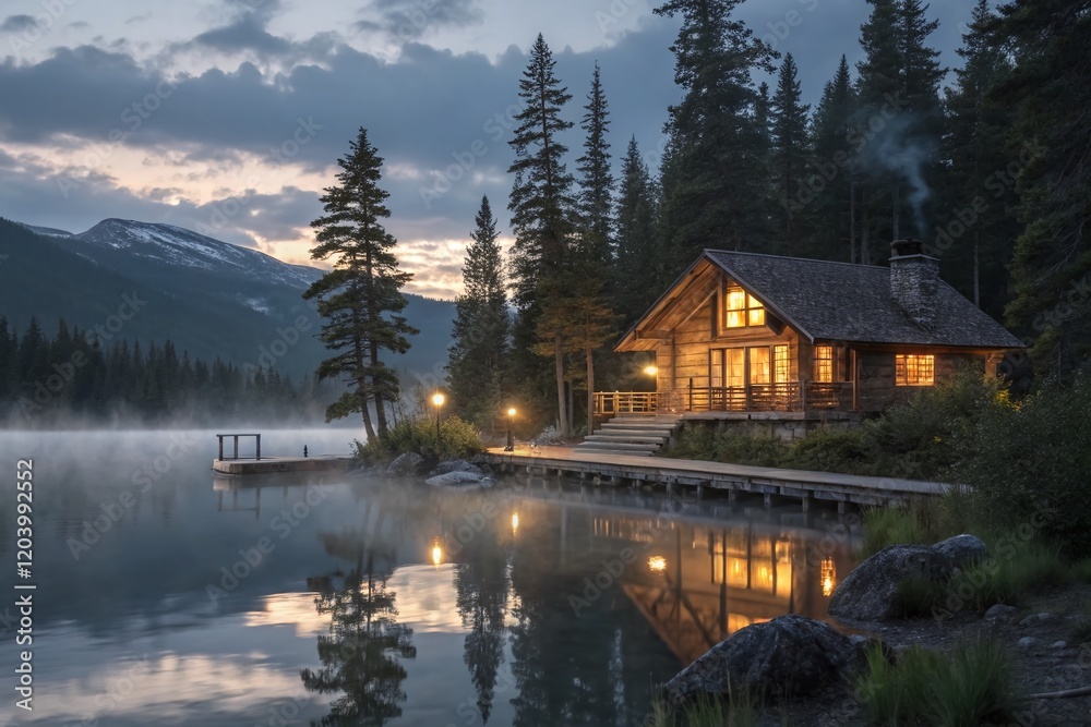 Fototapeta premium Serene Waterfront Cabin Dusk Reflection Stock Photo
