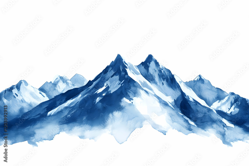 Fototapeta premium Blue watercolor mountain range, winter landscape, design element