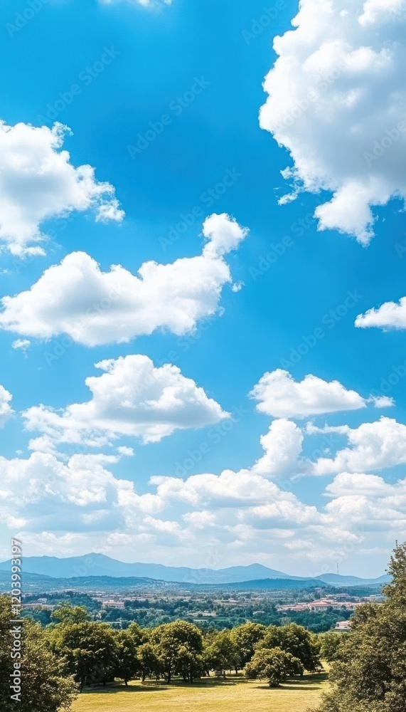Sunny landscape with fluffy clouds and distant mountains. A picturesque view of nature's beauty on a clear day. Sunny landscape with fluffy clouds and distant mountains. A picturesque view of nature's beauty on a clear day.