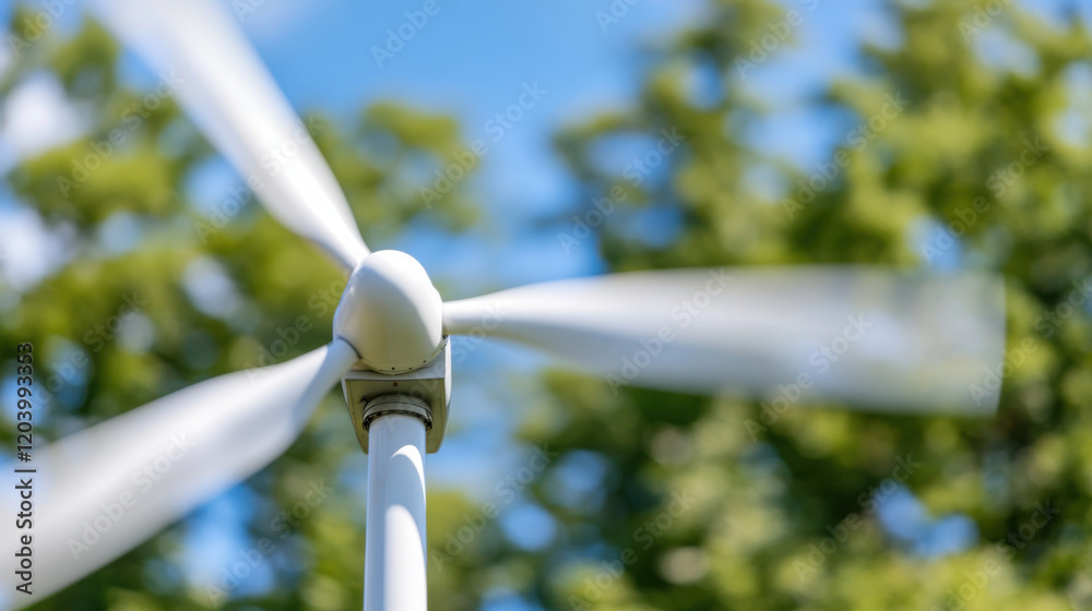 Wind turbine blades spinning against blue sky, surrounded by green trees, symbolize renewable energy and sustainability. motion conveys sense of progress and innovation Wind turbine blades spinning against blue sky, surrounded by green trees, symbolize renewable energy and sustainability. motion conveys sense of progress and innovation