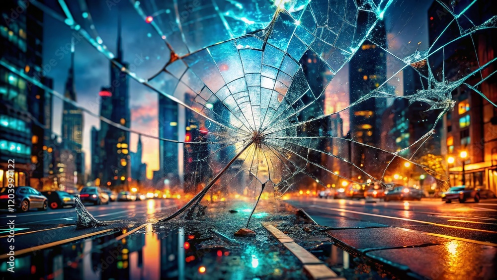 Fototapeta premium Shattered Cityscape: Blurred Lights Through Cracked Glass - Surreal Night Photography