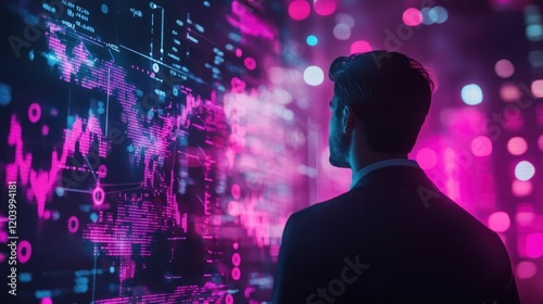 Businessman analyzing futuristic data visualization on a large screen.