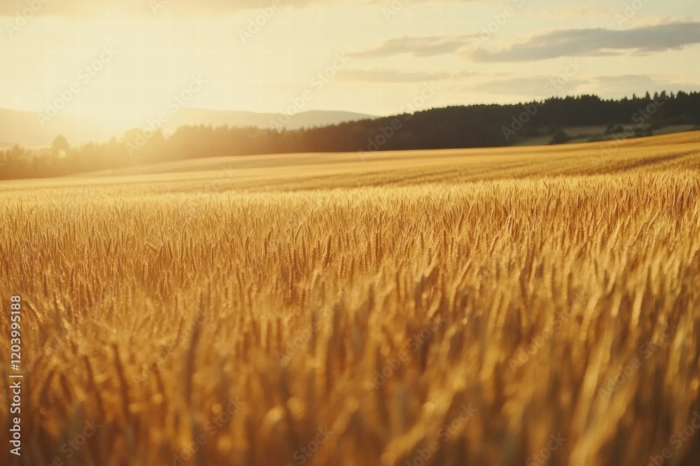 Obraz premium Golden wheat field under sunset with soft rays illuminating the landscape in a serene rural setting. Generative AI