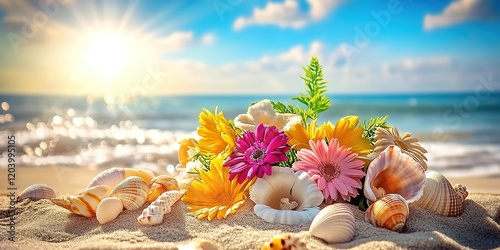 A beautiful bouquet of colorful flowers lies on the sand against the backdrop of an ocean and blue sky, with seashells scattered around it. 