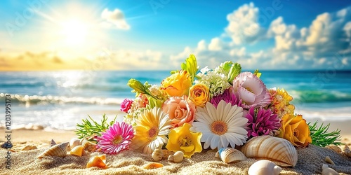 A beautiful bouquet of colorful flowers lies on the sand against the backdrop of an ocean and blue sky, with seashells scattered around it. 