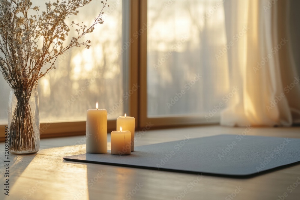 Fototapeta premium Relaxed ambient setting with candles and flowers on a yoga mat near a window during sunset. Generative AI